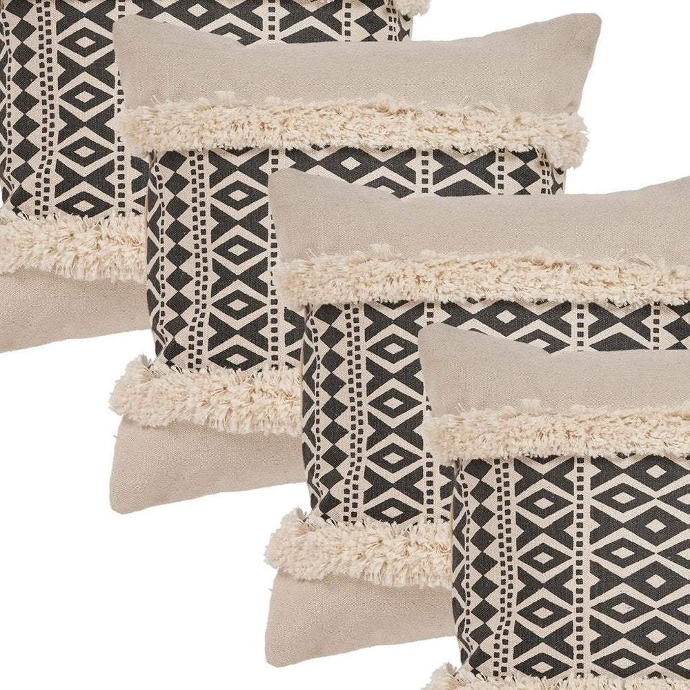 Set of Four 18" X 18" Black And Natural Lumbar Geometric Cotton Throw Pillow Covers with Fringe