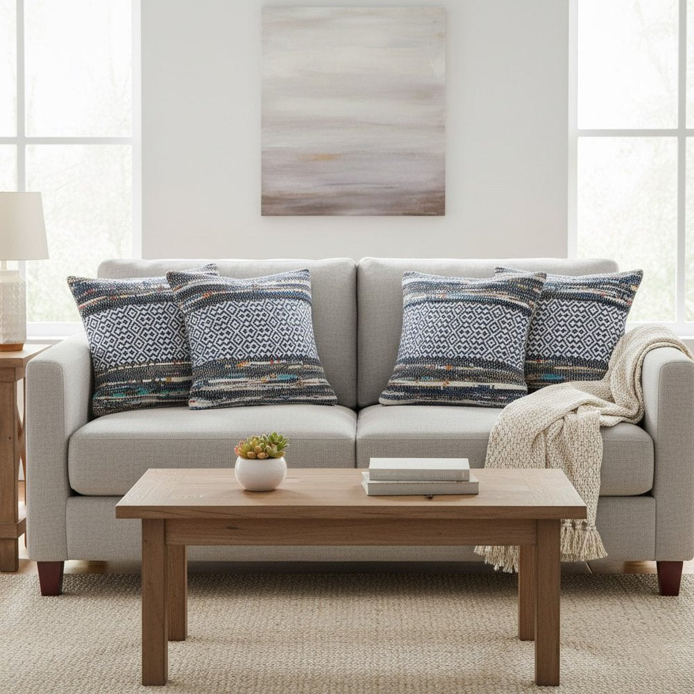 Set of Four 18" Gray And Blue Striped Cotton Blend Throw Pillow Covers