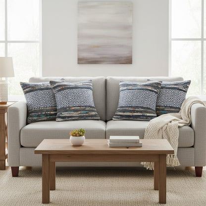 Set of Four 18" Gray And Blue Striped Cotton Blend Throw Pillow Covers