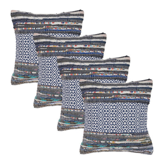 Set of Four 18" X 18" Navy Blue And Off White Lumbar Striped Cotton Blend Throw Pillow Covers with Tufts