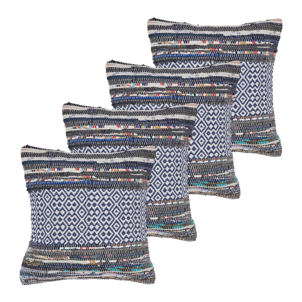 Set of Four 18" X 18" Navy Blue And Off White Lumbar Striped Cotton Blend Throw Pillow Covers with Tufts