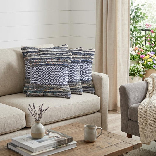 Set of Four 18" X 18" Navy Blue And Off White Lumbar Striped Cotton Blend Throw Pillow Covers with Tufts