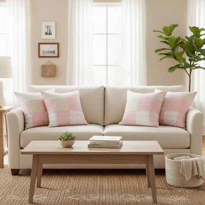 Set of Four 20" Pink And White Patchwork Cotton Throw Pillow Covers