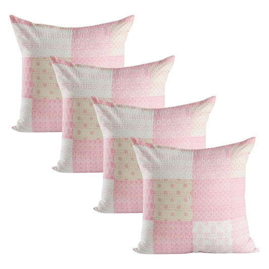 Set of Four 20" X 20" Pink And White Lumbar Patchwork Cotton Throw Pillow Covers