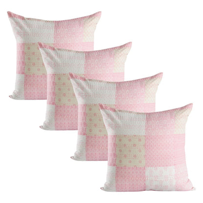Set of Four 20" Pink And White Patchwork Cotton Throw Pillow Covers