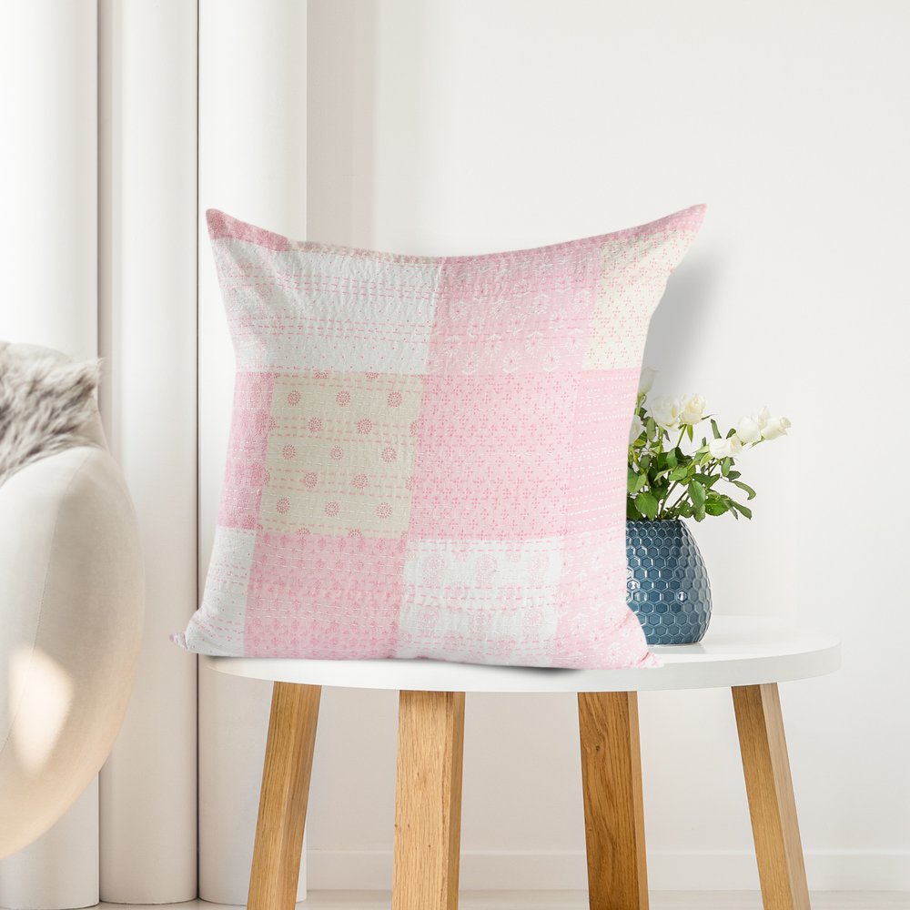 Set of Four 20" Pink And White Patchwork Cotton Throw Pillow Covers