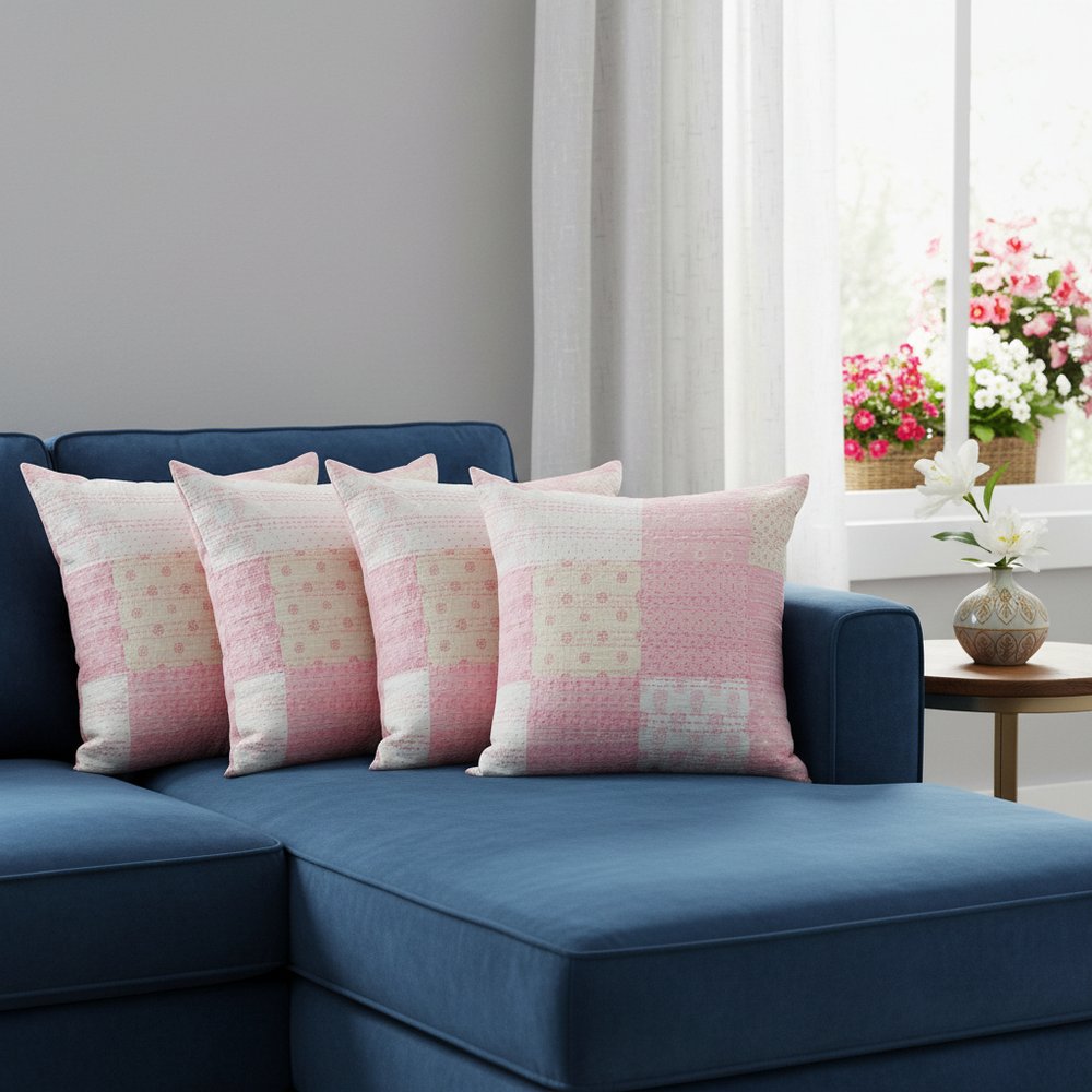 Set of Four 20" Pink And White Patchwork Cotton Throw Pillow Covers