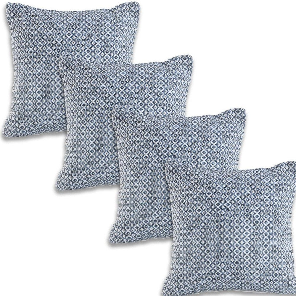 Set of Four 18" X 18" Blue And White Lumbar Geometric Cotton Throw Pillow Covers