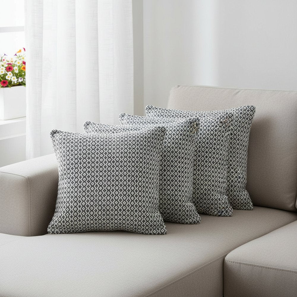 Set of Four 18" Black And White Geometric Cotton Throw Pillow Covers