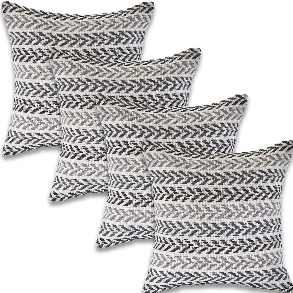 Set of Four 18" Gray And Black Chevron Cotton Throw Pillow Covers