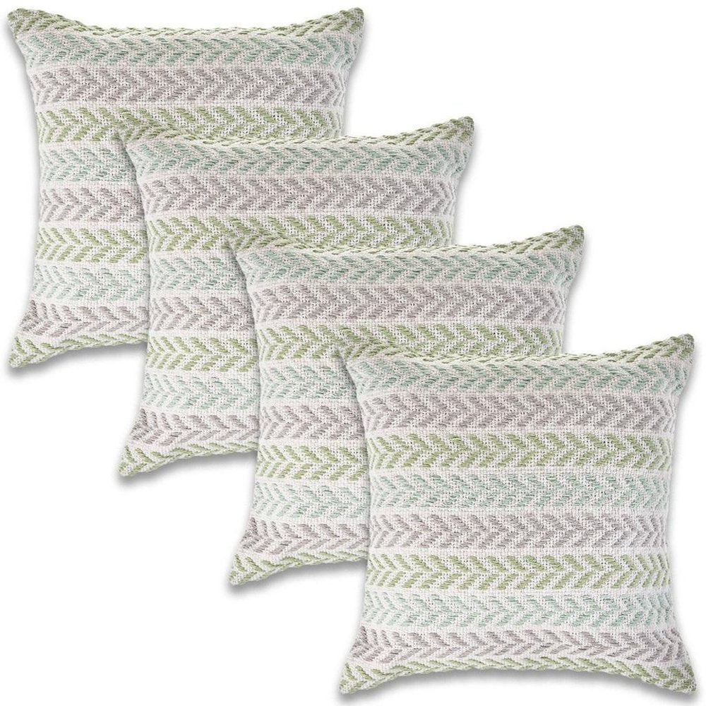 Set of Four 18" Green And Blue Chevron Cotton Throw Pillow Covers