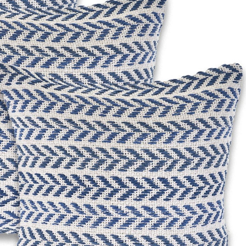 Set of Four 18" X 18" Blue And White Lumbar Beach Chevron Cotton Throw Pillow Covers
