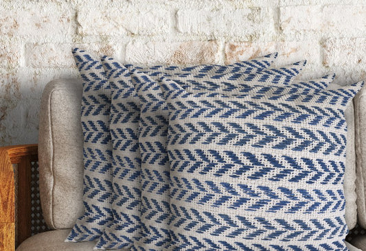 Set of Four 18" Indigo And White Chevron Cotton Throw Pillow Covers