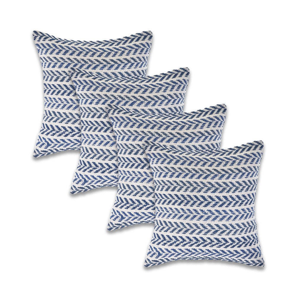 Set of Four 18" Indigo And White Chevron Cotton Throw Pillow Covers