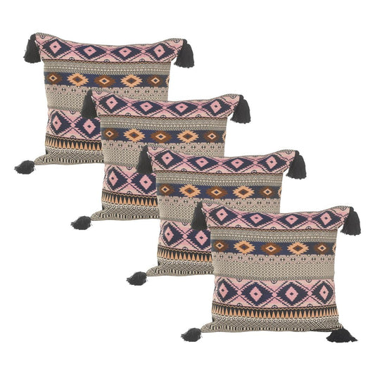 Set of Four 20" X 20" Black Yellow Pink And Navy Blue Lumbar Geometric Cotton Blend Throw Pillow Covers with Tassels