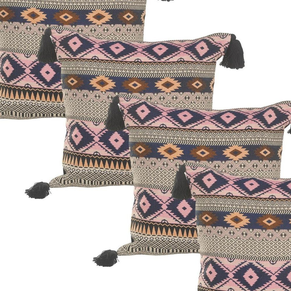 Set of Four 20" X 20" Black Yellow Pink And Navy Blue Lumbar Geometric Cotton Blend Throw Pillow Covers with Tassels