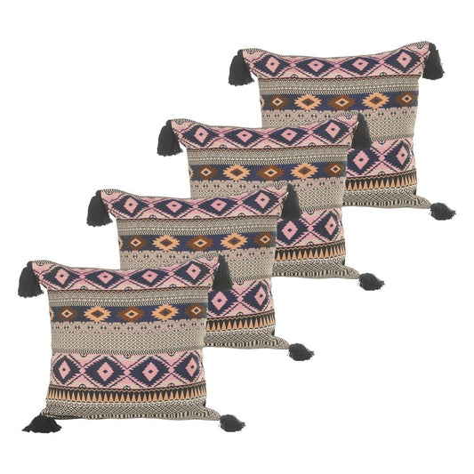 Set of Four 20" X 20" Black Yellow Pink And Navy Blue Lumbar Geometric Cotton Blend Throw Pillow Covers with Tassels