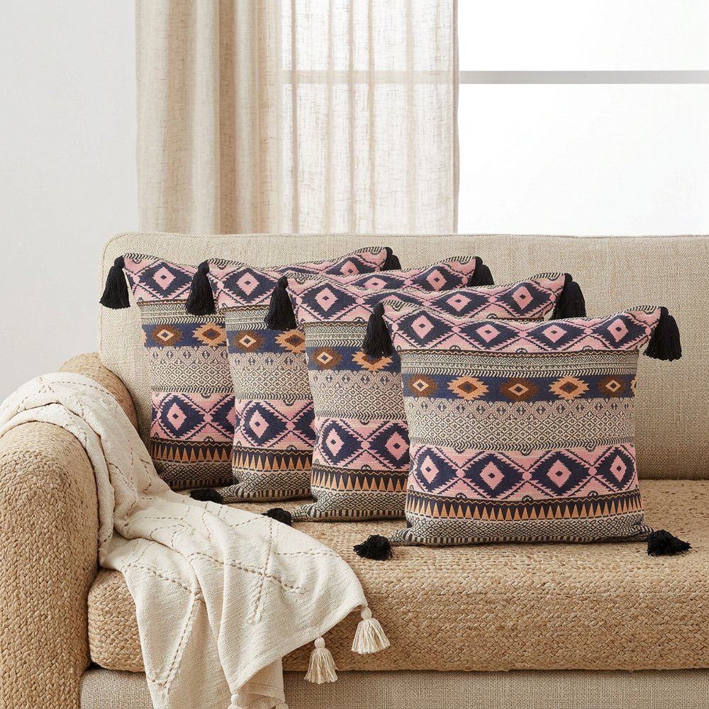 Set of Four 20" X 20" Black Yellow Pink And Navy Blue Lumbar Geometric Cotton Blend Throw Pillow Covers with Tassels