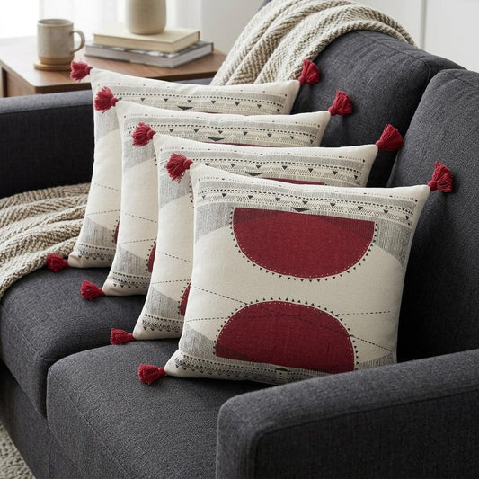 Set of Four 20" X 20" White And Black Lumbar Geometric Cotton Throw Pillow Covers with Tassels