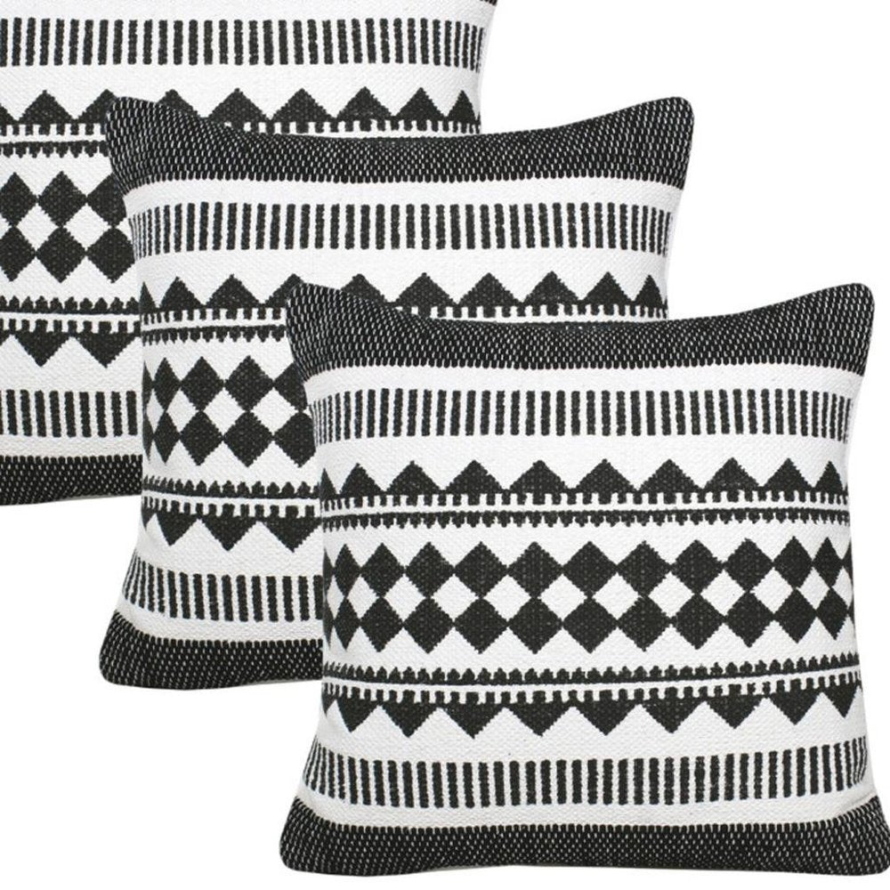 Set of Four 20" Black And White Geometric Cotton Blend Throw Pillow Covers