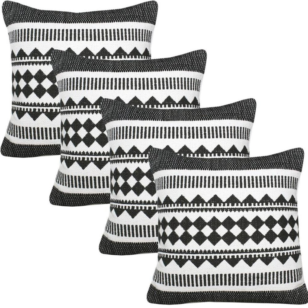 Set of Four 20" Black And White Geometric Cotton Blend Throw Pillow Covers