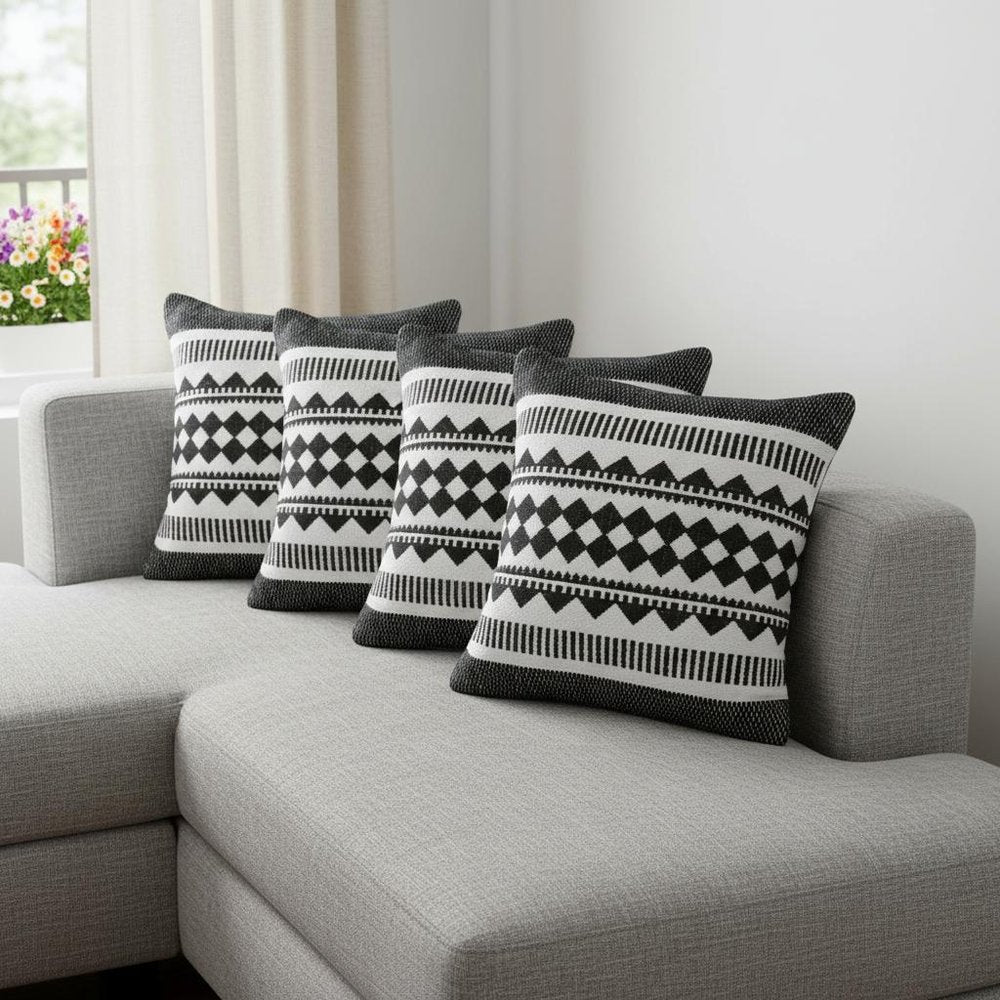 Set of Four 20" X 20" Black And White Lumbar Geometric Cotton Blend Throw Pillow Covers