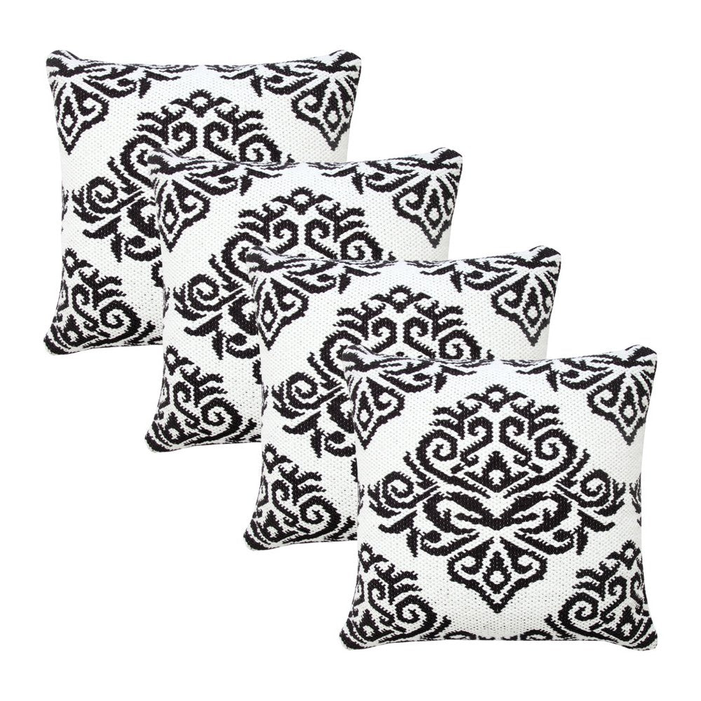 Set of Four 20" White And Black Damask Cotton Blend Throw Pillow Covers