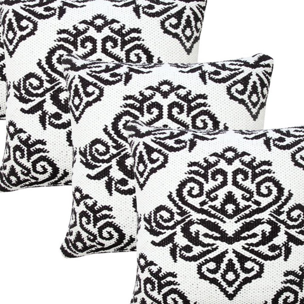 Set of Four 20" White And Black Damask Cotton Blend Throw Pillow Covers