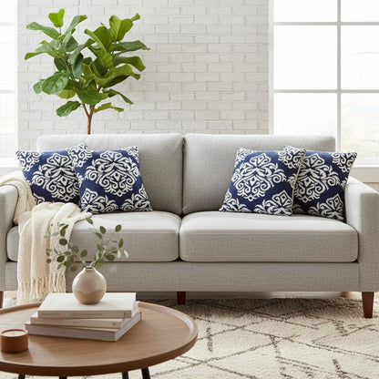 Set of Four 20" Blue And White Damask Cotton Blend Throw Pillow Covers