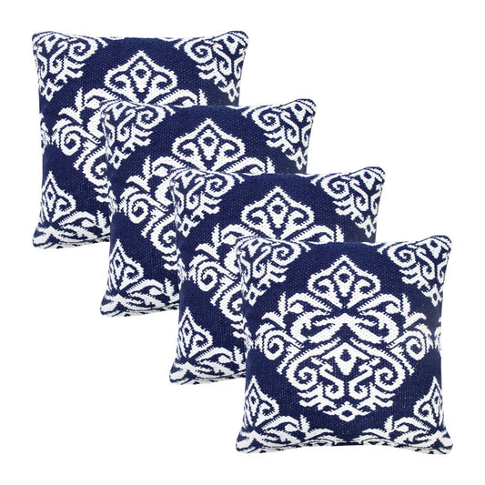 Set of Four 20" X 20" Blue And White Lumbar Damask Cotton Blend Throw Pillow Covers