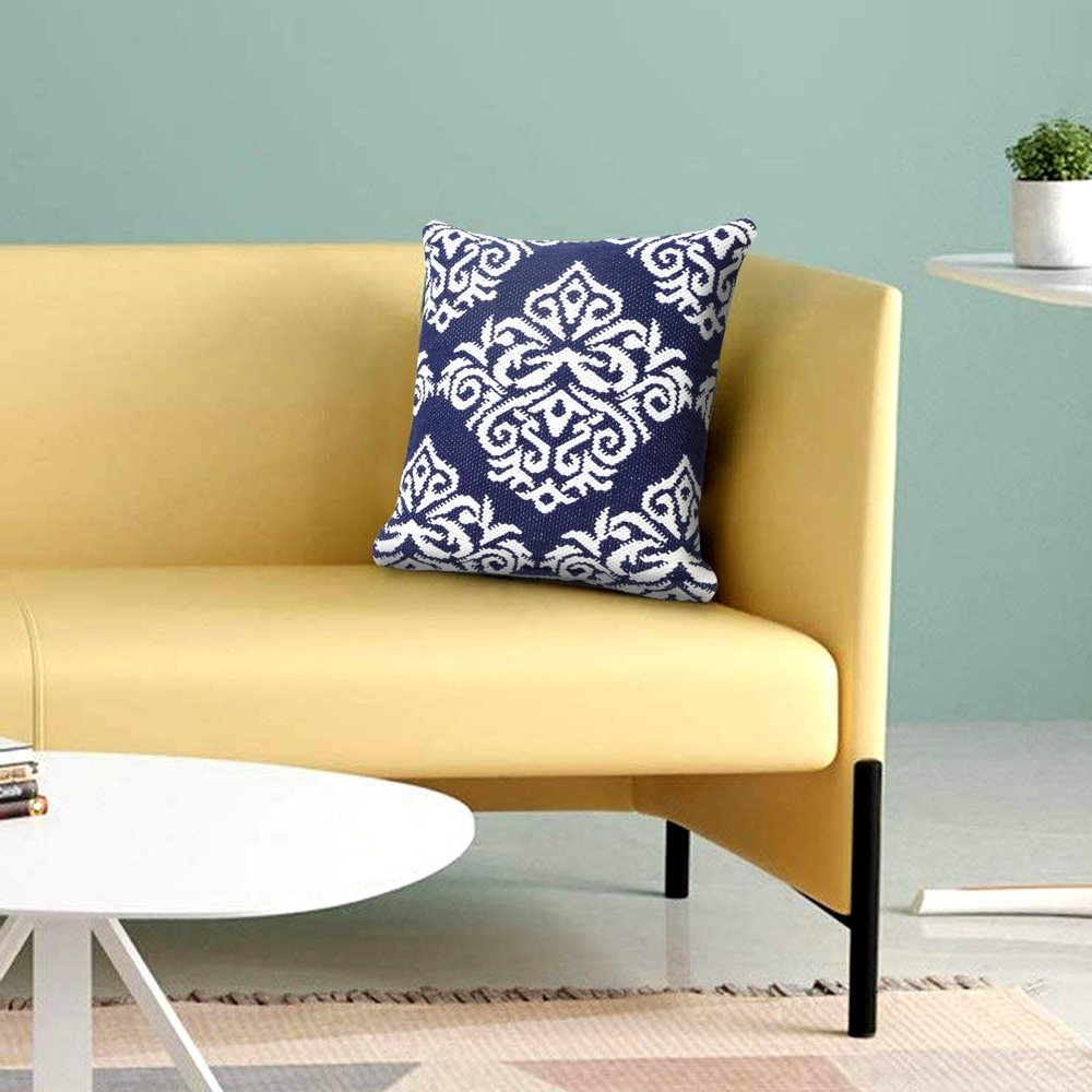 Set of Four 20" X 20" Blue And White Lumbar Damask Cotton Blend Throw Pillow Covers