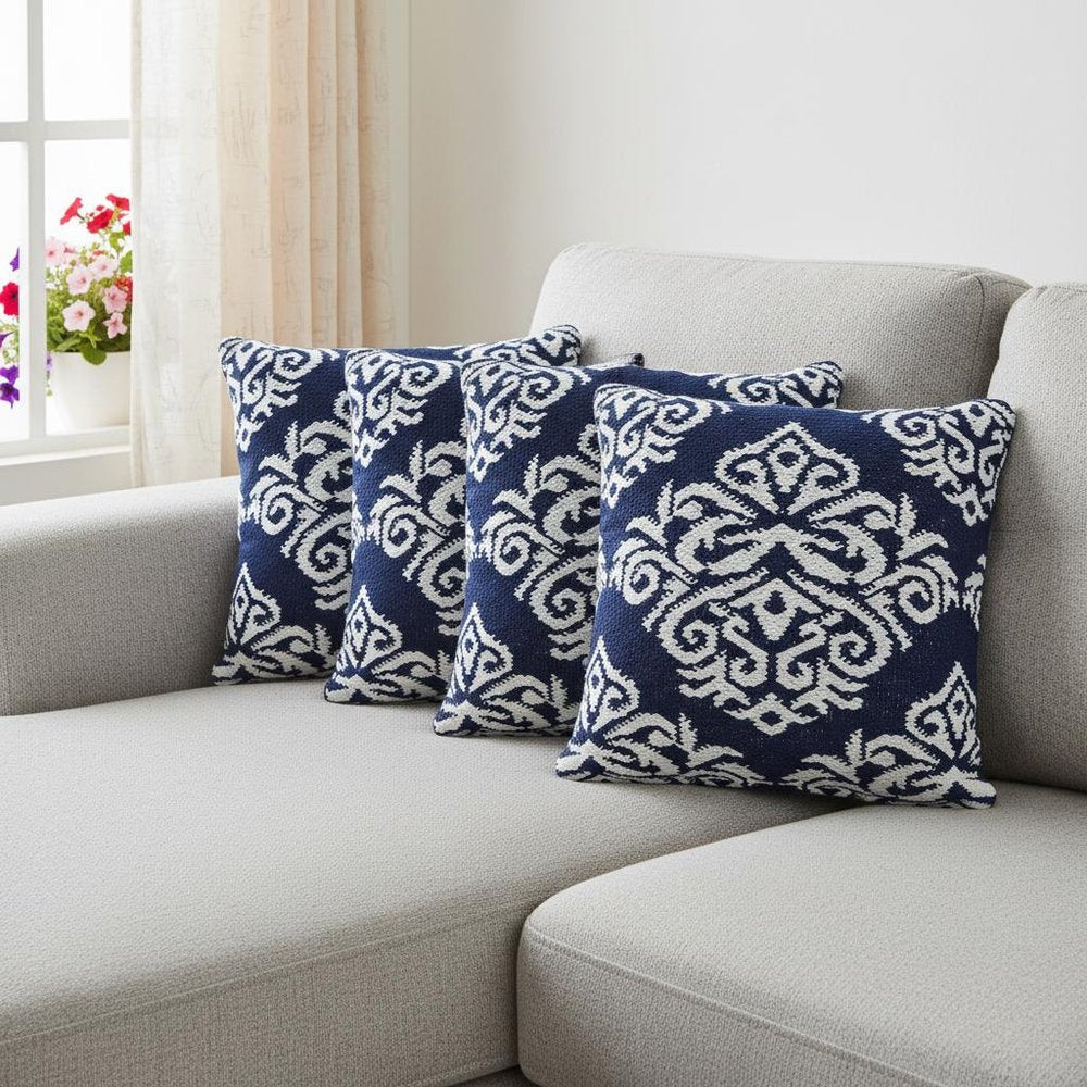Set of Four 20" X 20" Blue And White Lumbar Damask Cotton Blend Throw Pillow Covers