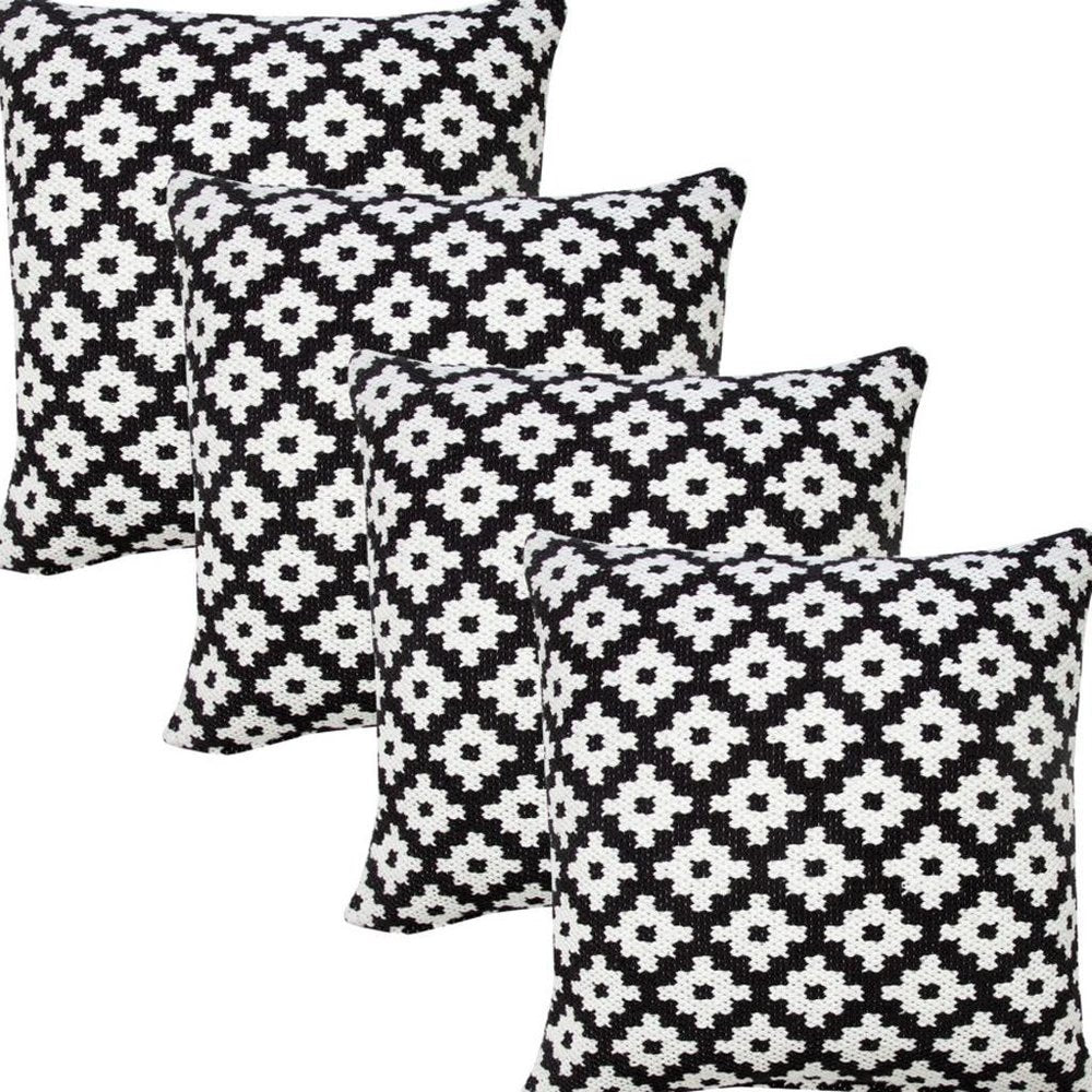 Set of Four 20" Black And White Geometric Cotton Blend Throw Pillow Covers