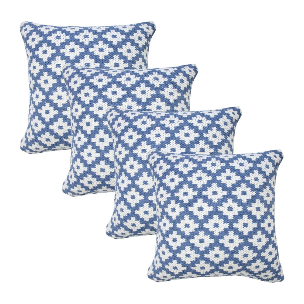 Set of Four 20" Blue And White Geometric Cotton Blend Throw Pillow Covers