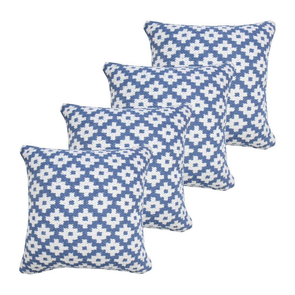 Set of Four 20" Blue And White Geometric Cotton Blend Throw Pillow Covers