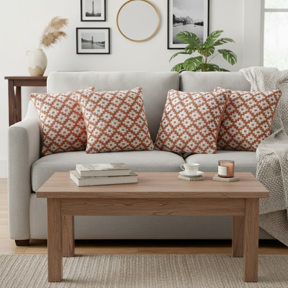 Set of Four 20" Orange And White Geometric Cotton Blend Throw Pillow Covers