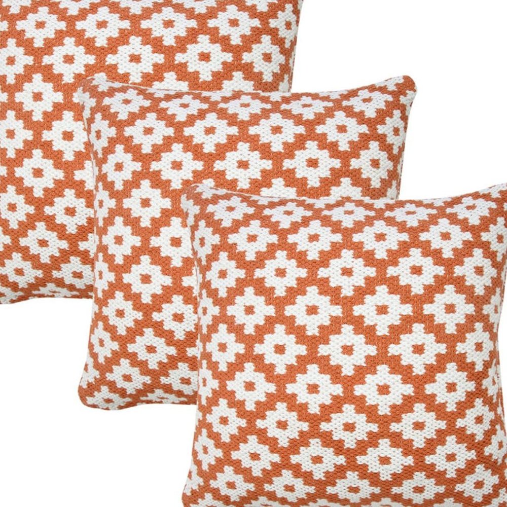 Set of Four 20" Orange And White Geometric Cotton Blend Throw Pillow Covers