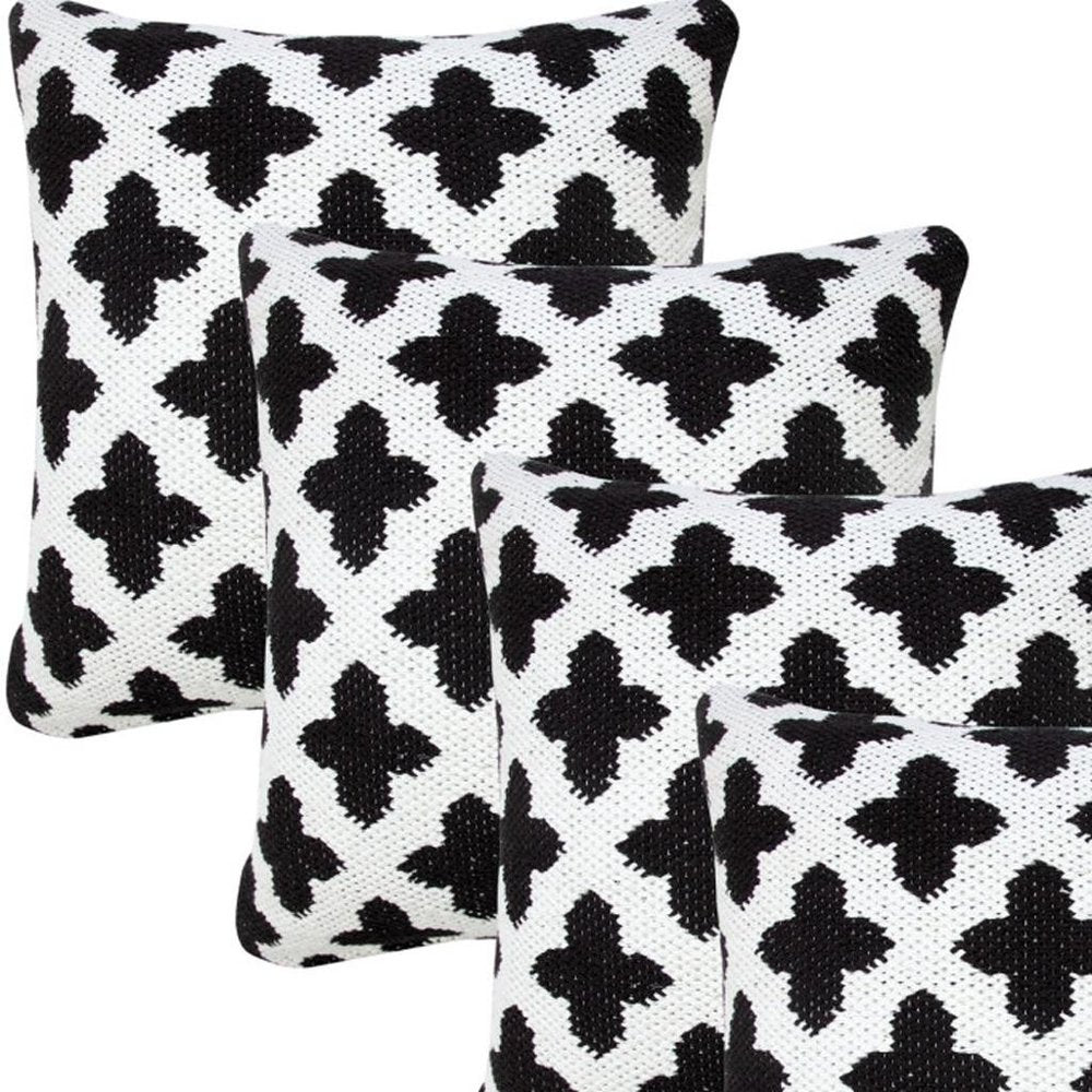 Set of Four 20" White And Black Geometric Cotton Blend Throw Pillow Covers