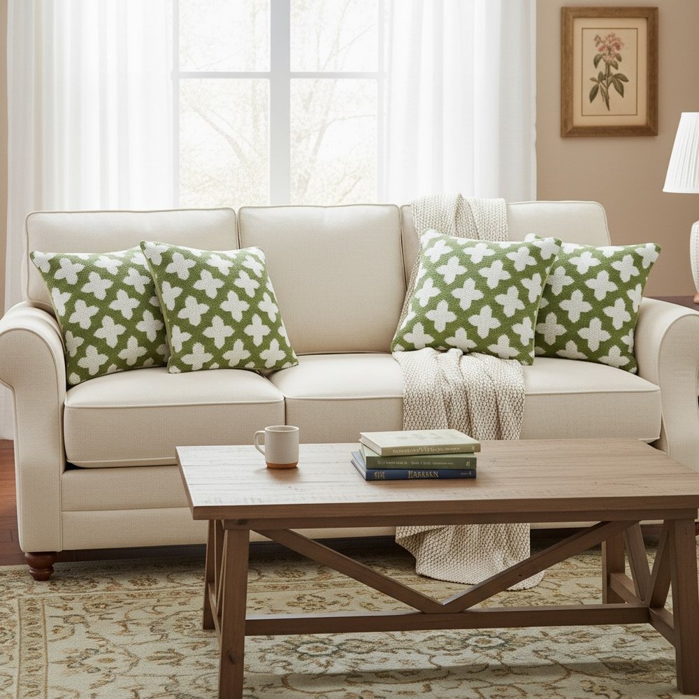 Set of Four 20" Green And White Geometric Cotton Blend Throw Pillow Covers