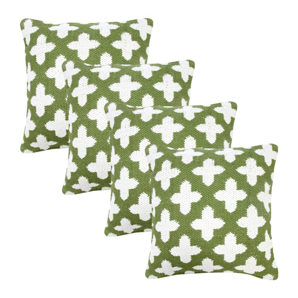 Set of Four 20" Green And White Geometric Cotton Blend Throw Pillow Covers