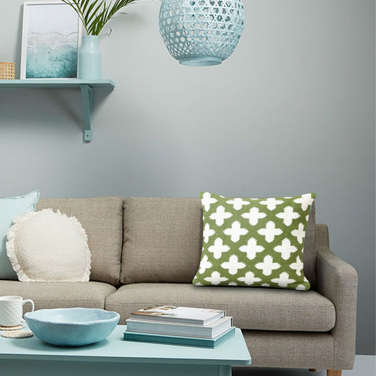 Set of Four 20" Green And White Geometric Cotton Blend Throw Pillow Covers