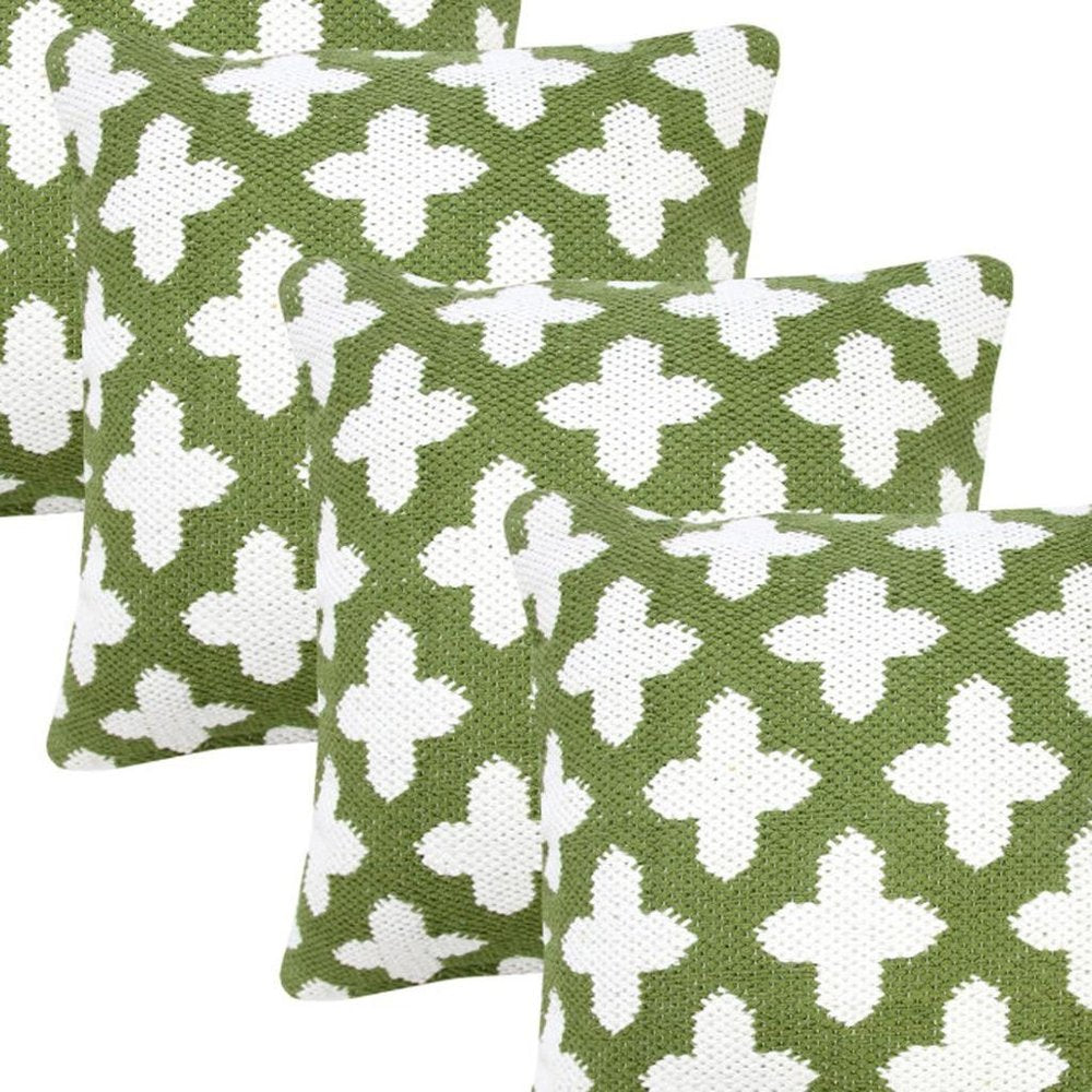 Set of Four 20" Green And White Geometric Cotton Blend Throw Pillow Covers