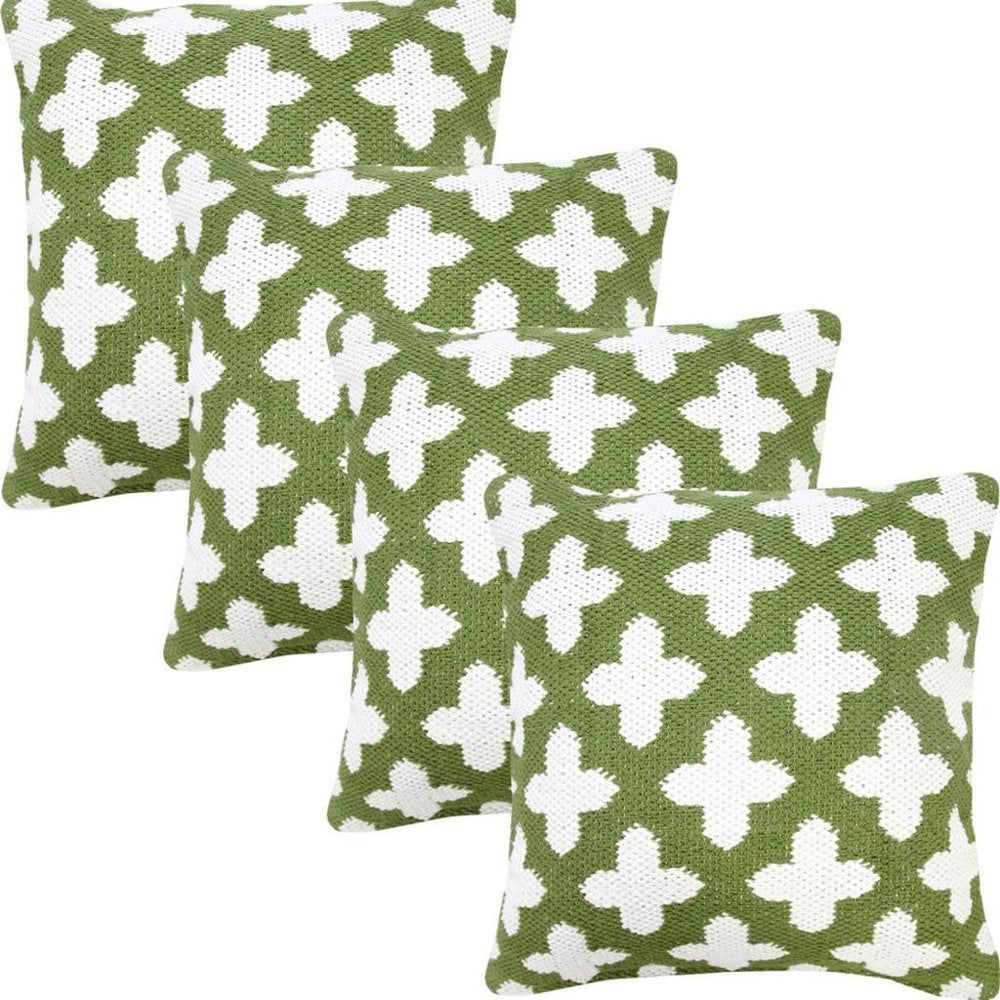 Set of Four 20" Green And White Geometric Cotton Blend Throw Pillow Covers
