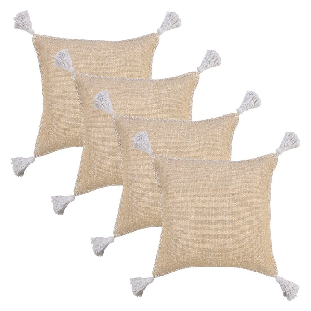 Set of Four 20" X 20" Tan And White Lumbar Geometric Cotton Throw Pillow Covers with Tassels