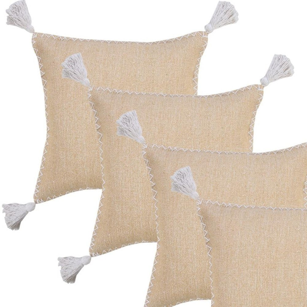 Set of Four 20" X 20" Tan And White Lumbar Geometric Cotton Throw Pillow Covers with Tassels