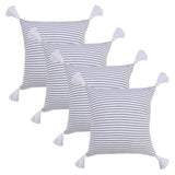 Set of Four 20" X 20" Gray And White Lumbar Striped Cotton Throw Pillow Covers with Tassels