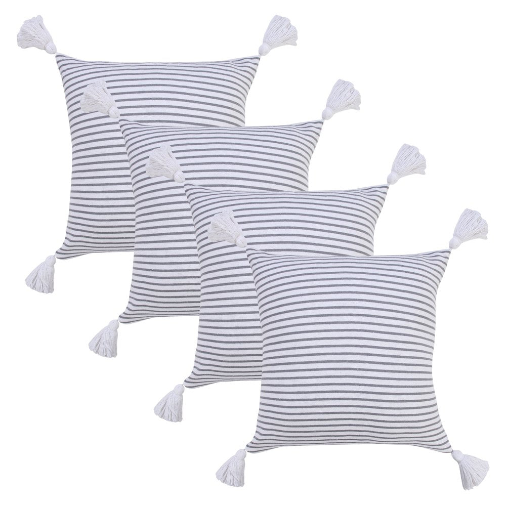 Set of Four 20" Gray And White Striped Cotton Throw Pillow Covers