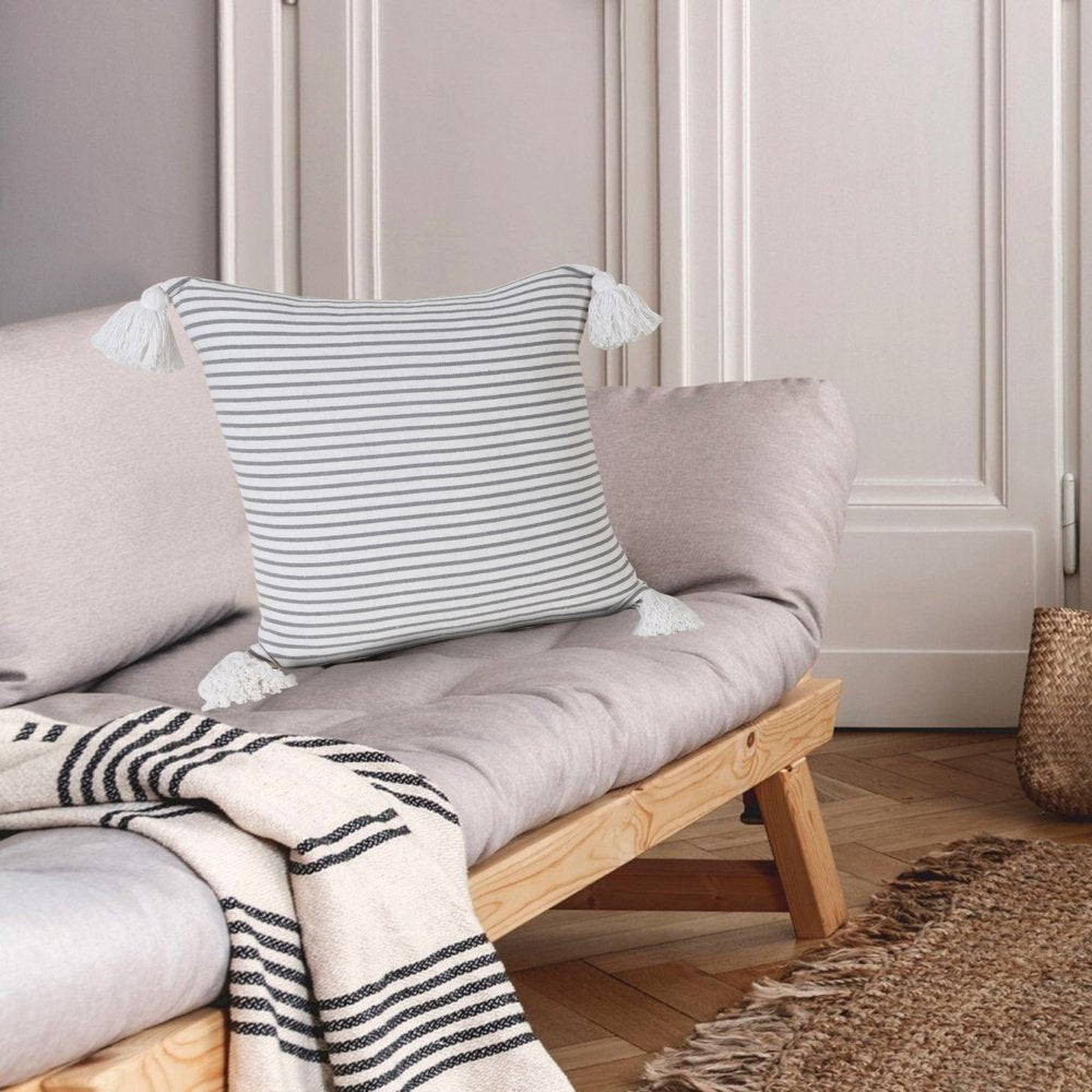 Set of Four 20" Gray And White Striped Cotton Throw Pillow Covers