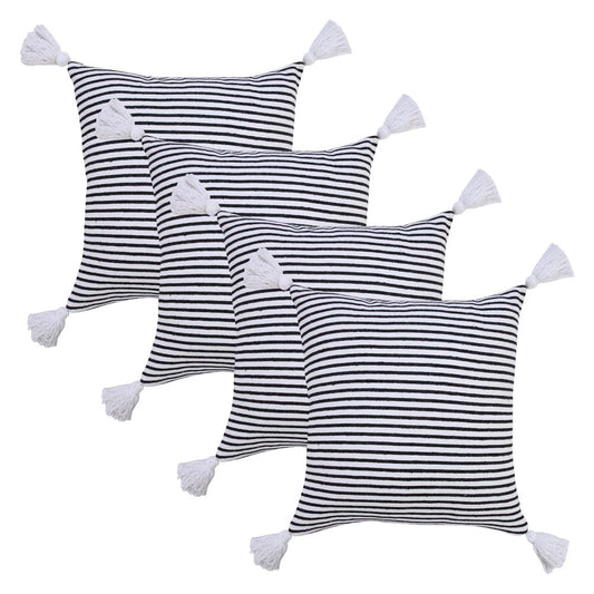 Set of Four 20" X 20" Black And White Lumbar Striped Cotton Throw Pillow Covers with Tassels
