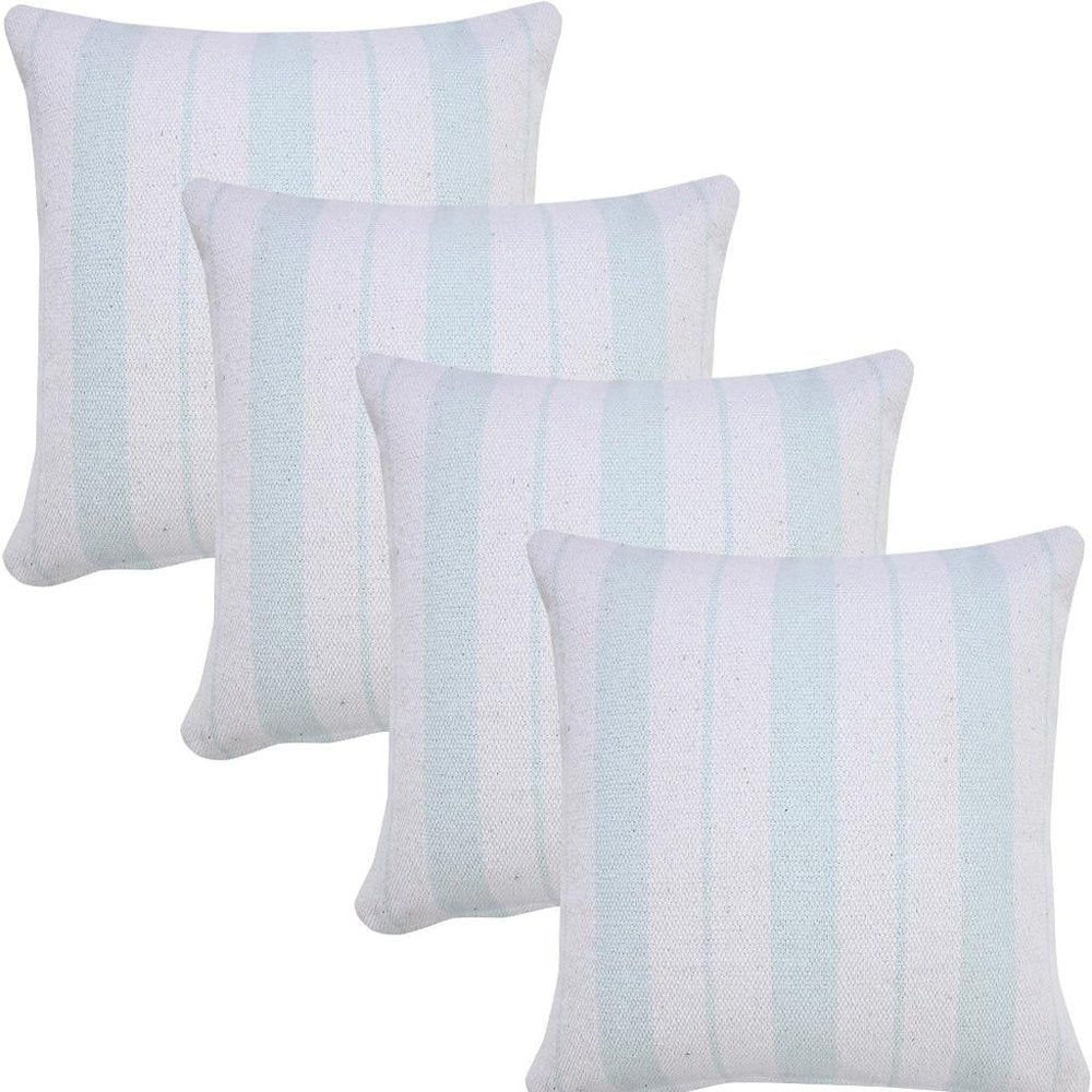 Set of Four 20" X 20" Blue And White Lumbar Beach Striped Cotton Throw Pillow Covers
